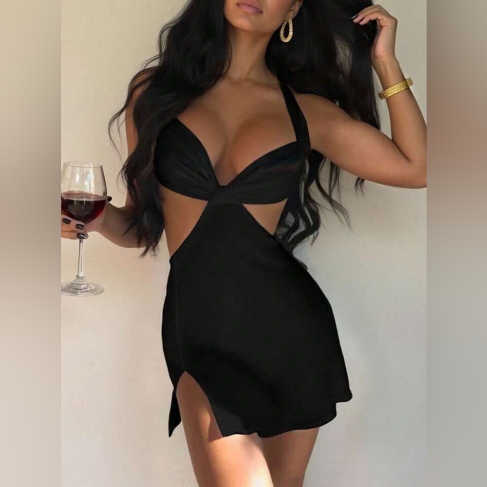 SHEIN Black Halter Cut-Out Mini Dress Open Back Slit - NWOT - Picture 3 of 5